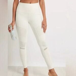 Alo Yoga Full Length High Waist Moto Mesh Leggings Size Small White 28 in Inseam